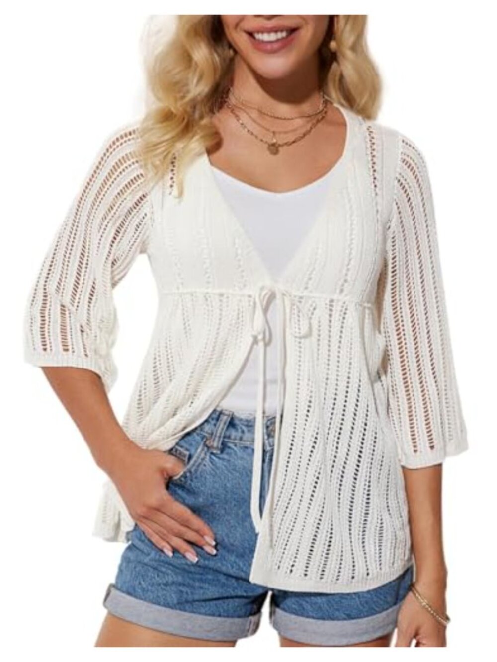 Crochet Knit Cardigan 3/4 Sleeve Boho Kimono Lightweight Cover Up